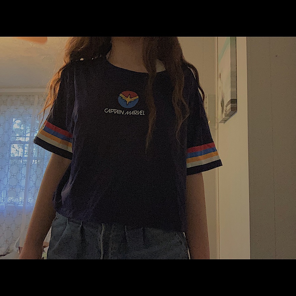 Captain Marvel Navy Blue Crop Top Striped Sleeves